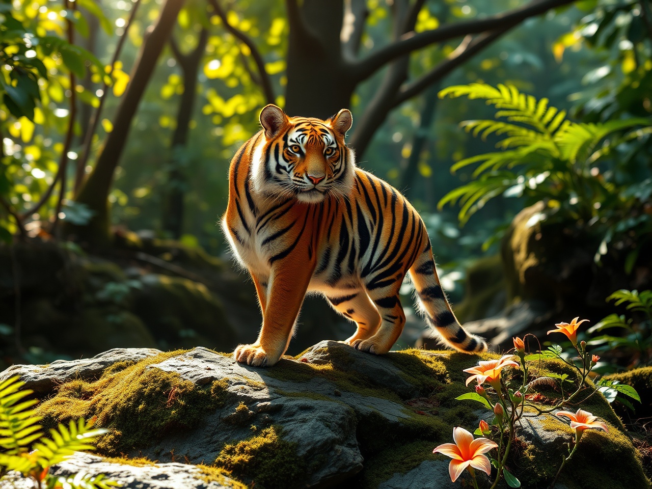 A powerful tiger stands confidently on a moss-covered rock in a sunlit forest clearing. The play of light and shadow highlights its vibrant orange and black stripes, while lush vegetation and blooming lilies add a touch of serenity to the scene.