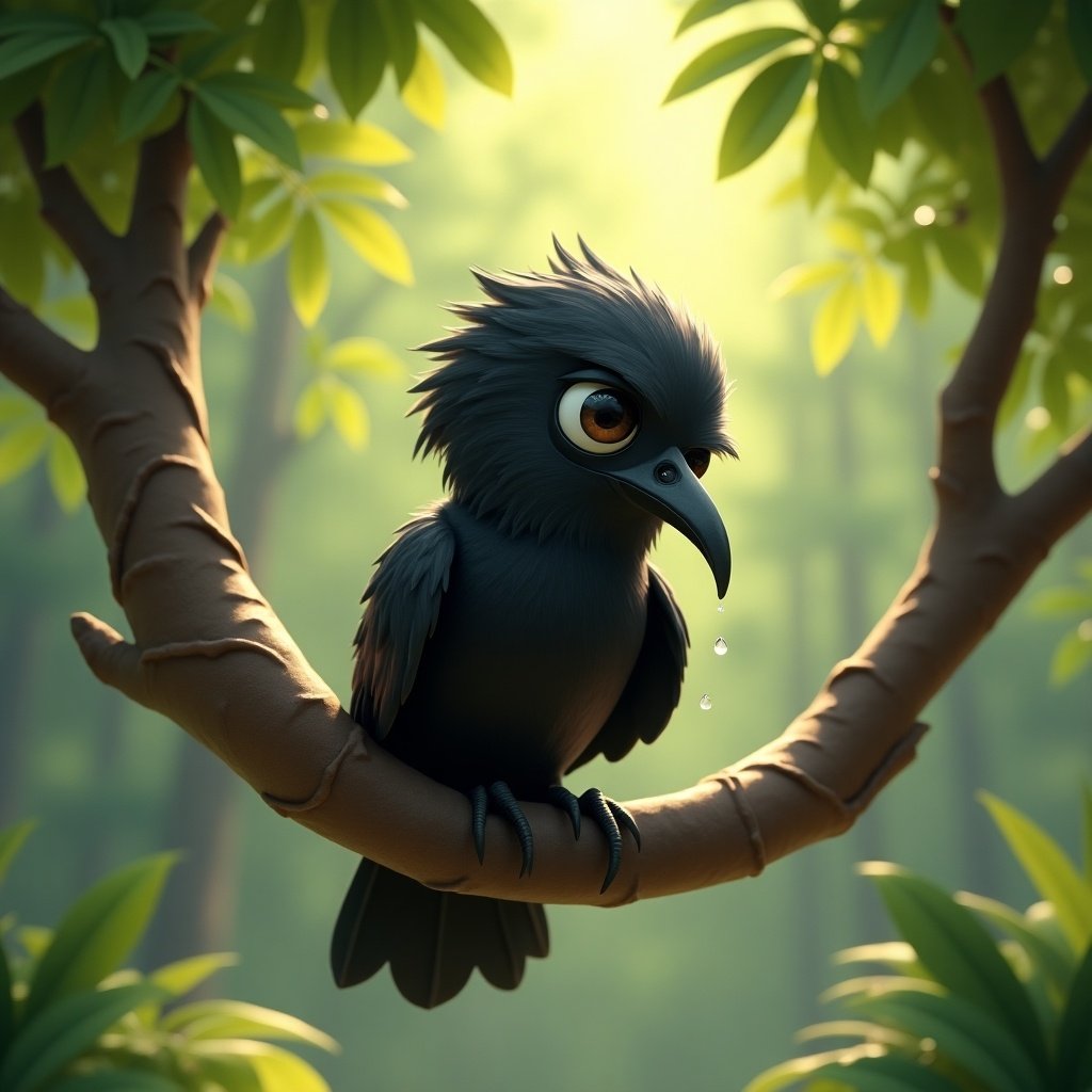 A black crow with glossy feathers sits alone on a twisted tree branch. Tears glisten as they roll down its beak. The forest is lush with vibrant green leaves, creating a serene but melancholic atmosphere.