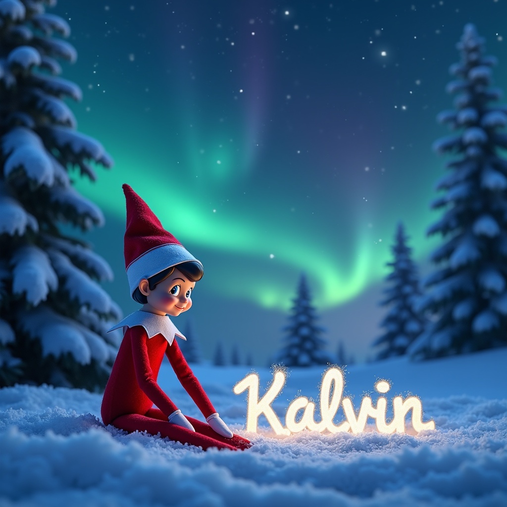 Animated elf sitting in snow wearing red outfit intently writing name 'Kalvin' in snow, name is illuminated and appears magical, backdrop has vibrant northern lights, snow-covered pine trees enhance charm and holiday spirit.