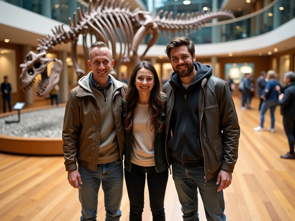 Three people are posing inside a museum in front of a dinosaur skeleton exhibit. They are standing casually with a mix of playful and friendly expressions. The museum setting is well-lit, and there are other museum displays visible in the background. The floor appears to be wooden, adding a warm tone to the setting. The individuals wear casual clothing, suggesting a relaxed and enjoyable visit.