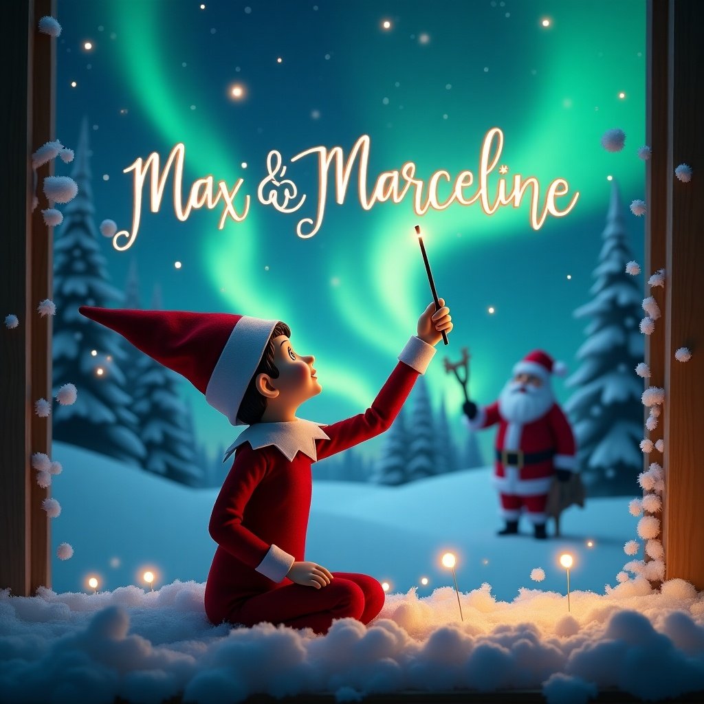 An enchanting Christmas scene showing an elf on the shelf writing names in the night sky. The elf is gazing up with a wand. The background features northern lights and Santa Claus. Snow covers the ground in a serene winter landscape. This moment captures holiday joy.