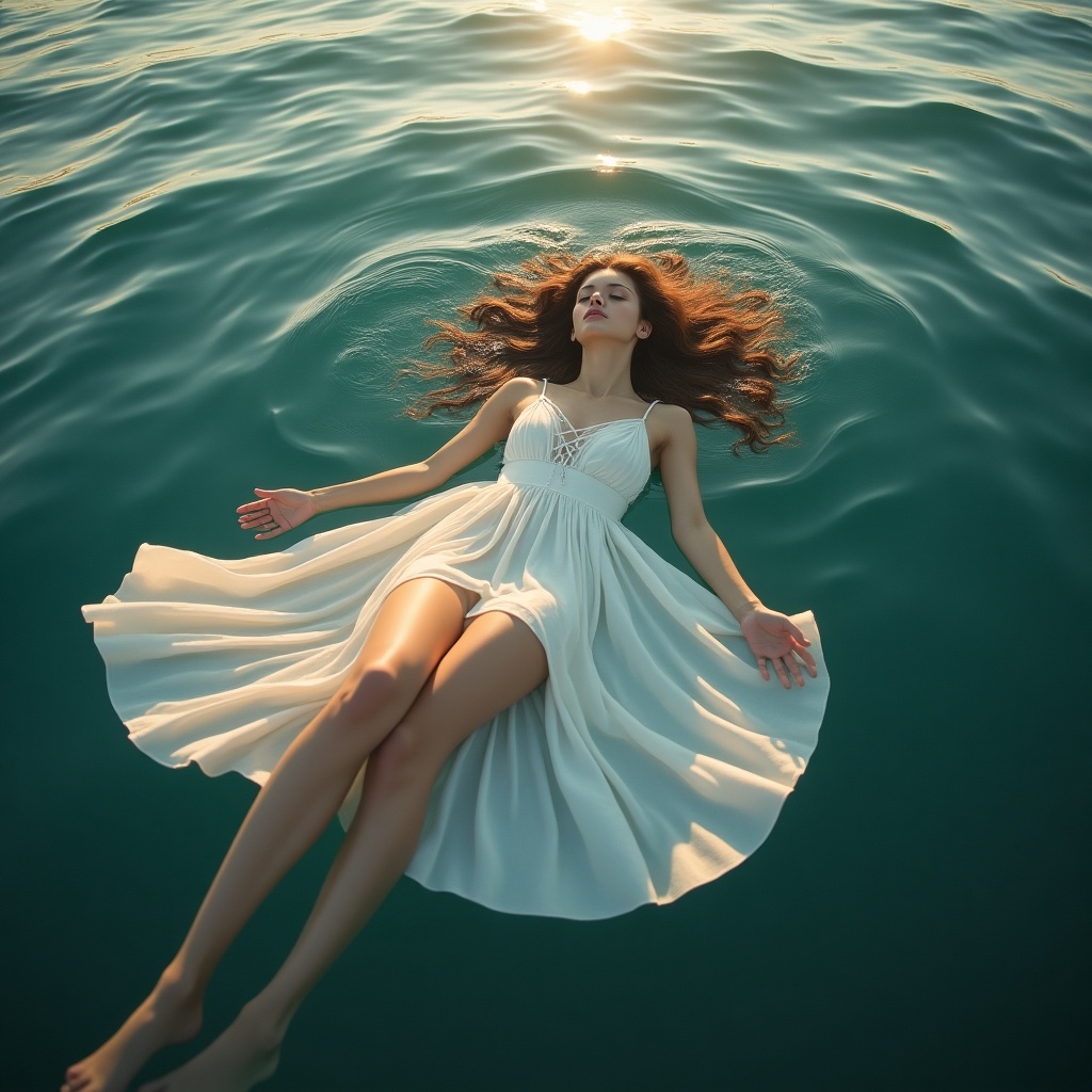 A woman floats serenely in clear water. She wears a flowing white dress. The sun reflects on the water surface. Hair spreads gracefully in the water. Soft waves surround her.