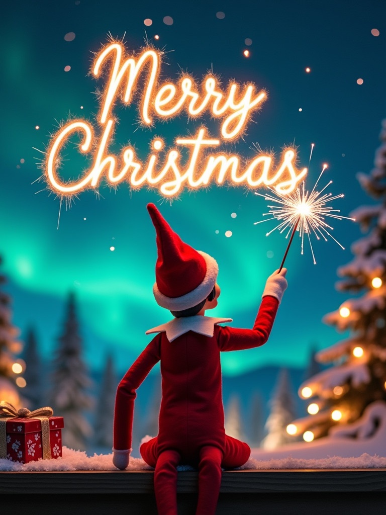 Christmas scene features elf on the shelf. Elf wears red and white. Elf holds a wand writing 'Merry Christmas'. Magical backdrop includes northern lights. Scene evokes spirit of Christmas and wonder.