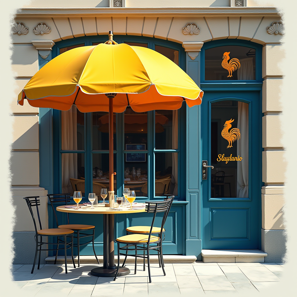 A cozy outdoor café setting with a yellow umbrella and blue door adorned with rooster motifs.