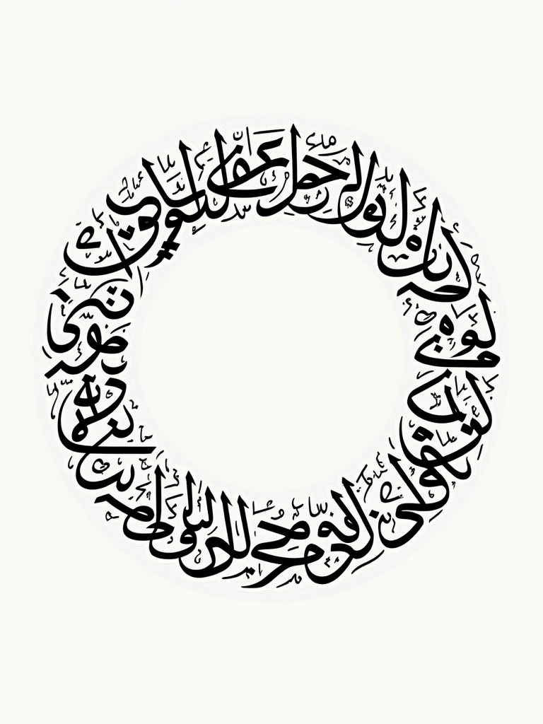 Handwritten Arabic calligraphy creates a circular design. Circle consists of the names Muhammad and Hasan. Artwork fills the entire space with intricate details.