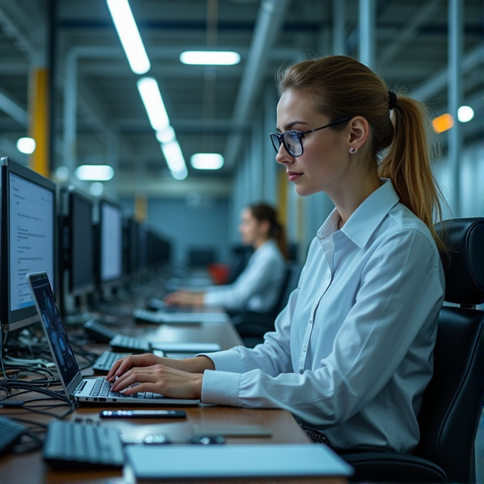 A woman in glasses works intently on a laptop in a modern, well-lit office environment with several computers.