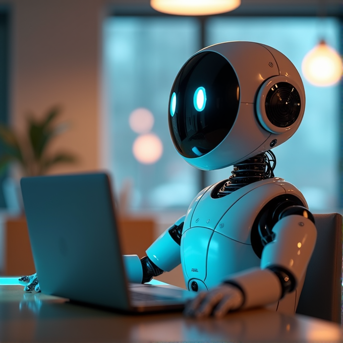 A cute robot works on a laptop in a cozy, softly lit room.