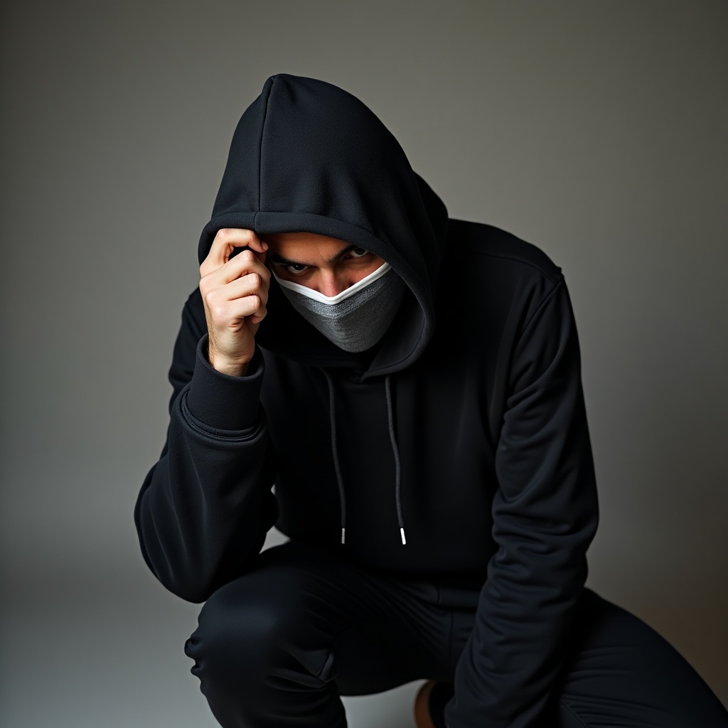 Man wearing a hoodie and a mask. The man partially reveals his side face while kneeling down.