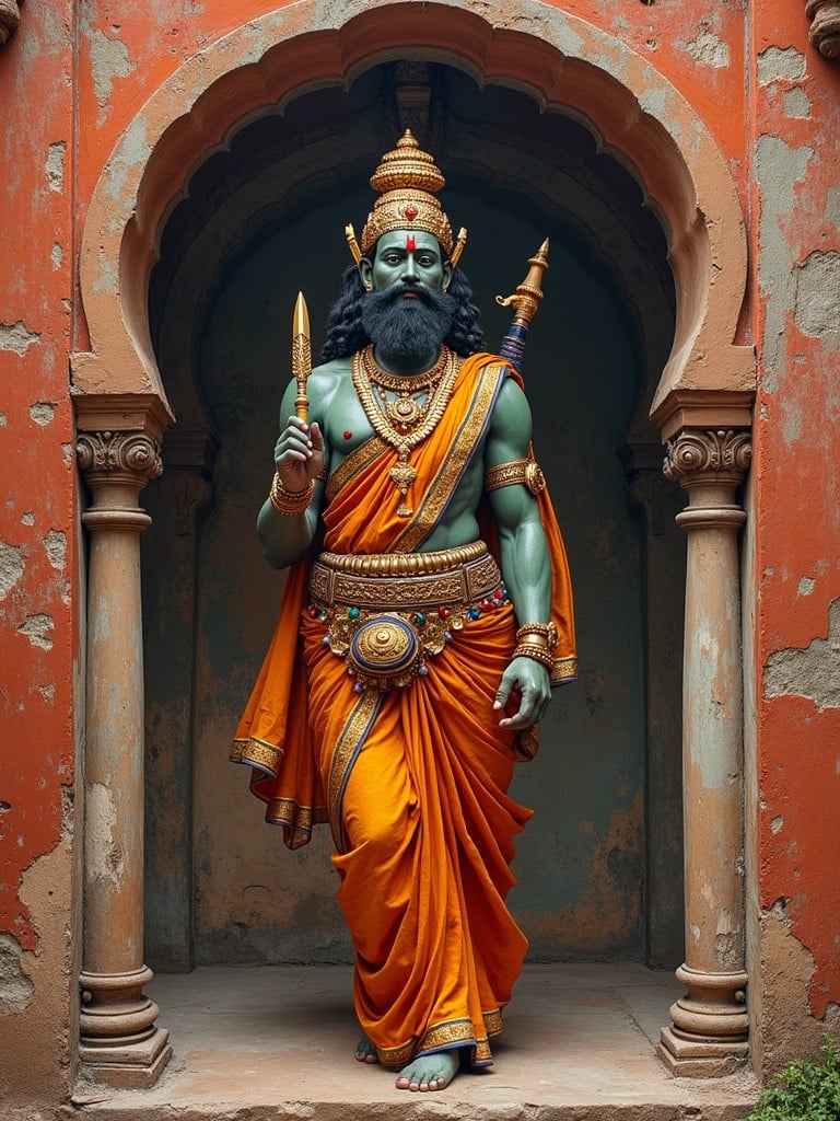 Statue of a Hindu deity dressed in traditional attire. It stands in an ornate archway with intricate designs. The deity holds a spear and exhibits cultural significance.