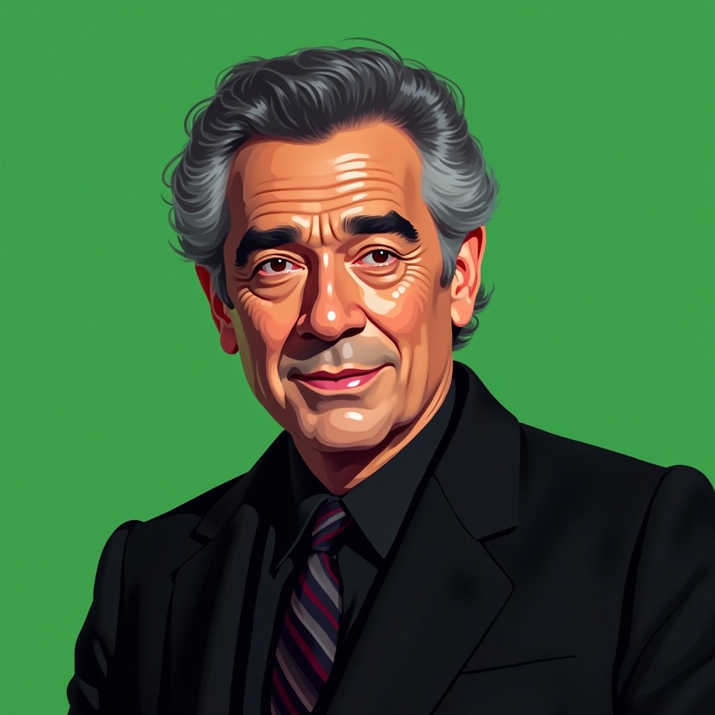 Stylized colorful digital illustration of a 30 year old man dressed in black costume against a vibrant green background.