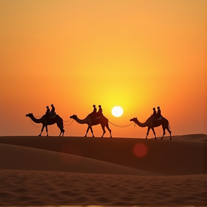 Three camels with riders walk across sand dunes at sunset.