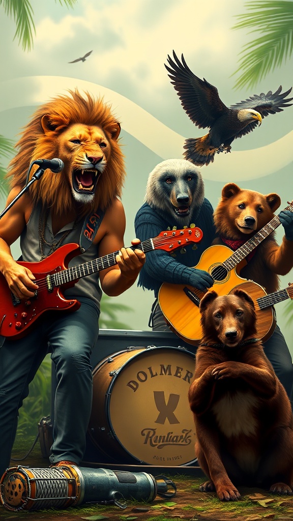 A unique ensemble featuring a lion playing an electric guitar, accompanied by an eagle soaring above, and various bears contributing to a jungle band. The setting is lively, with palm leaves in the backdrop and wildlife engaging in musical harmony. The band appears to be mid-performance, capturing a sense of excitement and camaraderie among the animals.