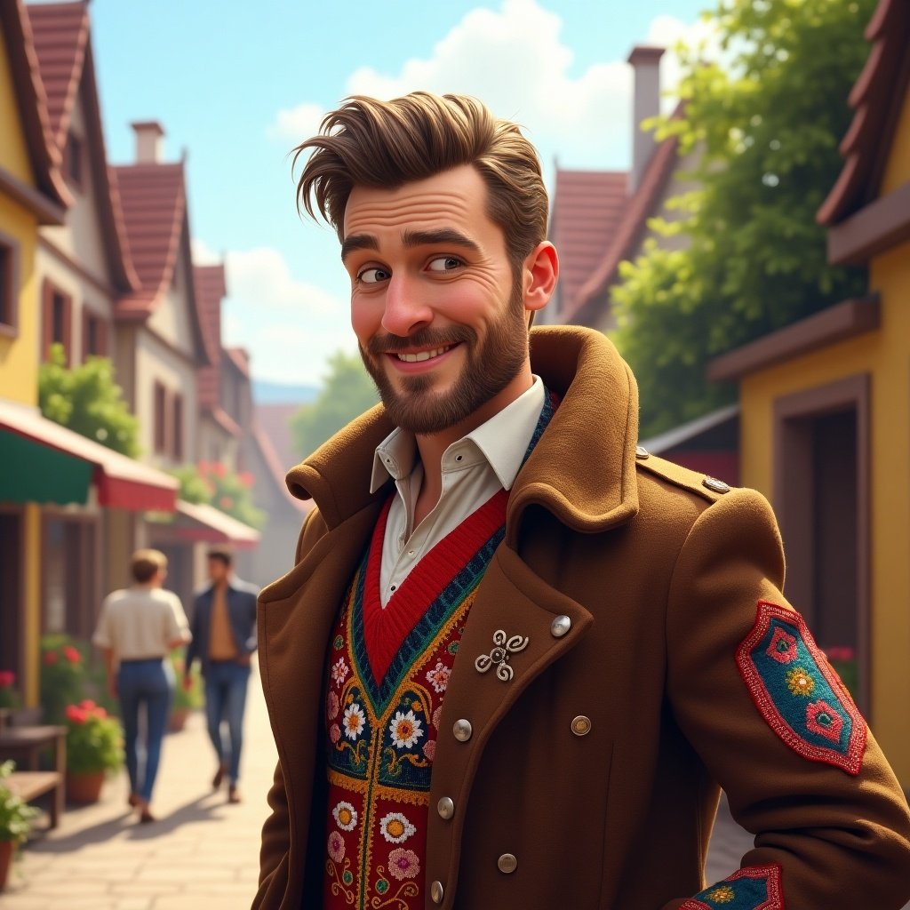 This image captures a charming man with a friendly smile, dressed in a stylish ensemble that fuses modern and traditional Polish fashion. He stands confidently in a picturesque European village, with colorful houses and a bustling atmosphere in the background. The setting features cobblestone streets and lush greenery that enhance the vibrant scene. His outfit showcases intricate embroidery and warm tones, embodying a blend of cultural heritage and contemporary style. Overall, the image exudes a sense of confidence and warmth, celebrating Polish culture in a lively environment.