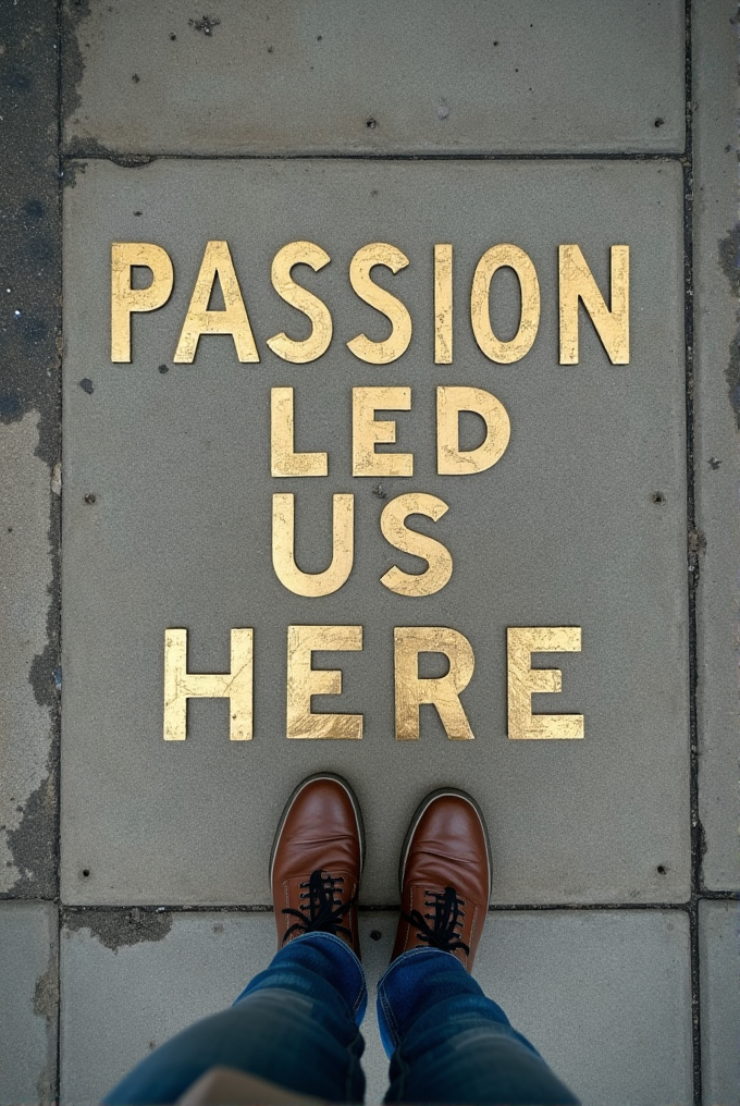 The words "Passion Led Us Here" are written on the ground in gold letters in front of someone wearing brown shoes.