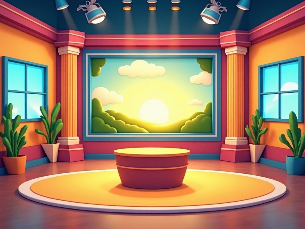 a colorful and vibrant studio set with bright lighting, featuring a central round platform, windows, and plants, in a cartoonish style