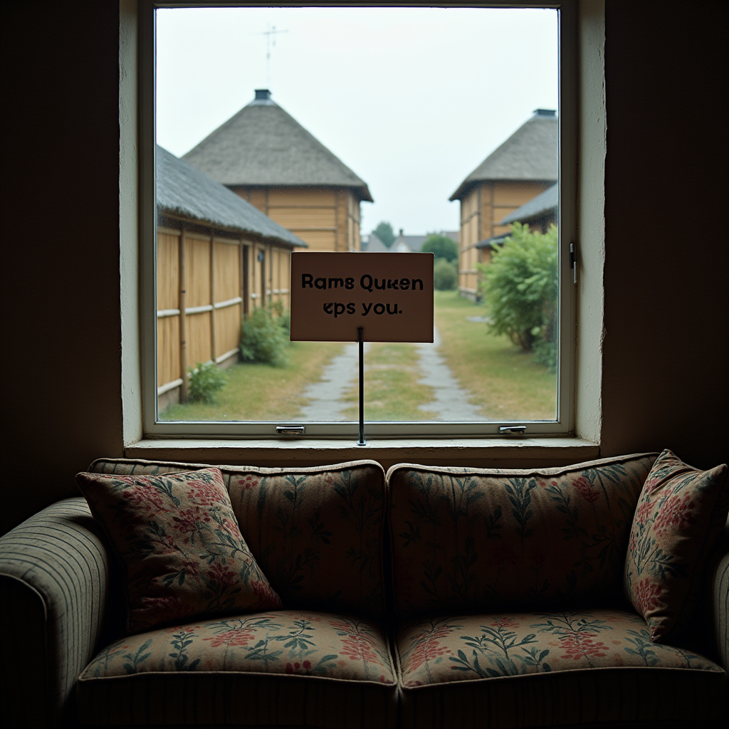 A cozy sofa facing a window with a view of quaint cottages outside.