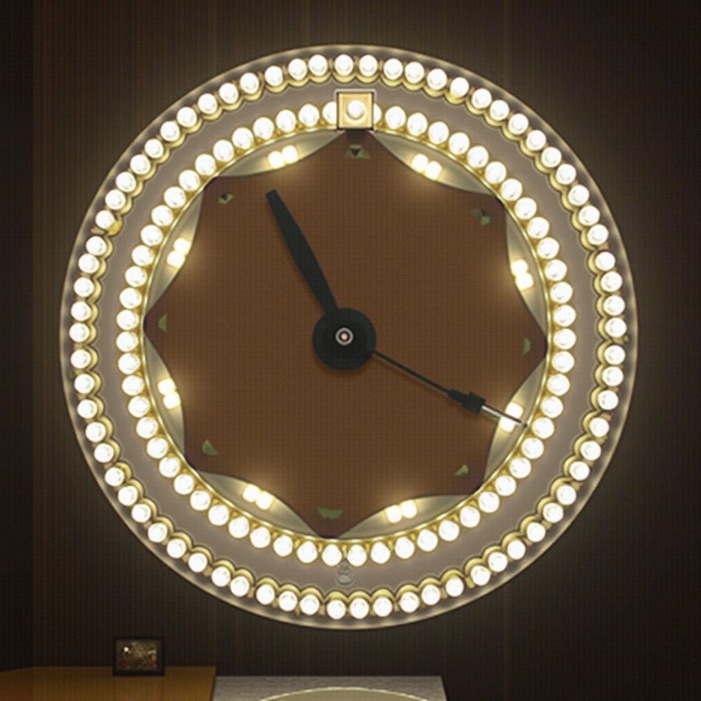 The image features a luxurious wall clock that captivates with its elegant design. The clock has a circular shape surrounded by soft glowing lights. The center showcases the hour and minute hands on a simple brown dial. The overall aesthetic is both modern and sophisticated, perfect for high-end interiors. This timepiece could serve as a statement piece in any stylish room.