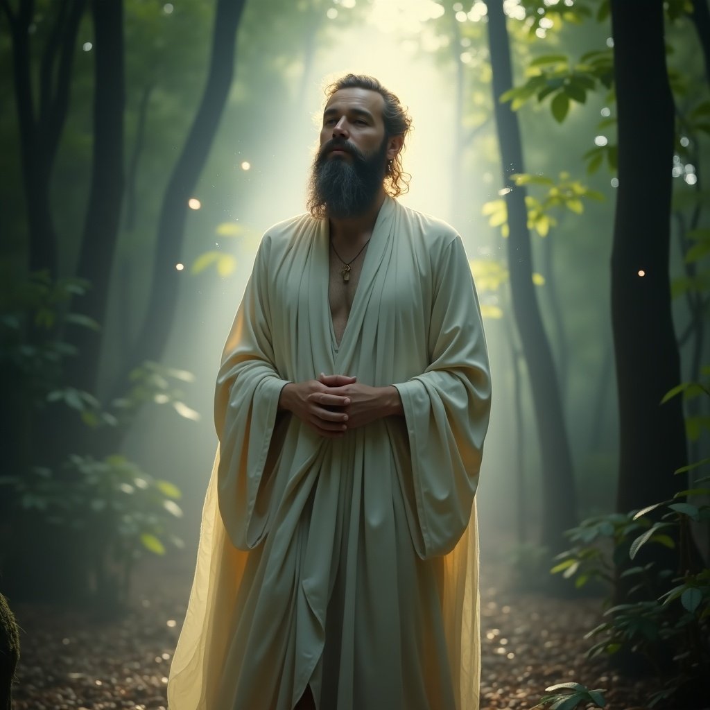 A serene represented figure in a forest. Soft light illuminates the scene. The figure wears flowing robes and has an ethereal presence. The surrounding nature creates a calm atmosphere.