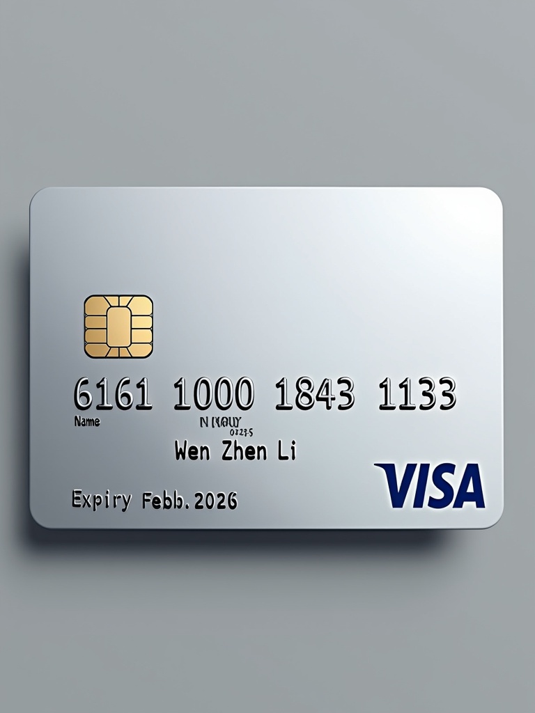 Realistic image of credit card showing distinct details. Card displays Visa logo with modern design. Visible card number 6161 1000 1843 1112. Cardholder name Wen Zhen Li aligned. Expiry date February 2026 at bottom. Clean look with silver background and black font.