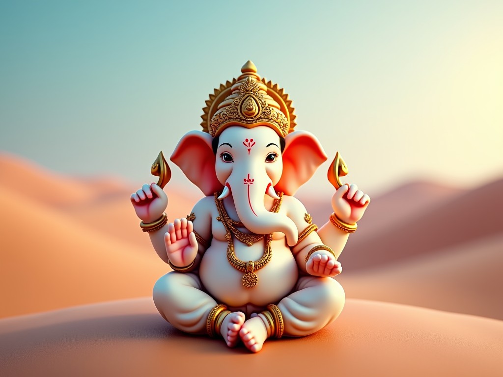 This digital artwork features Lord Ganesha, the revered Hindu deity with an elephant head, seated gracefully on a soft expanse. The background of gentle sand dunes under a clear, calming sky adds a sense of peace and tranquility to the image. The intricate details of Ganesha’s jewelry and serene expression encapsulate divine grace and wisdom.