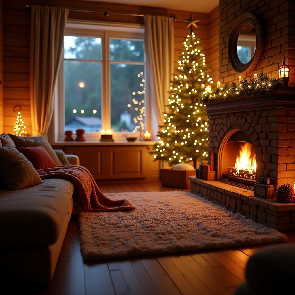 A cozy Christmas scene fills the living room. A decorated tree stands beside a warm fireplace. Soft blankets and cushions are on the couch. Warm lights create a festive atmosphere. The room is cozy and inviting.