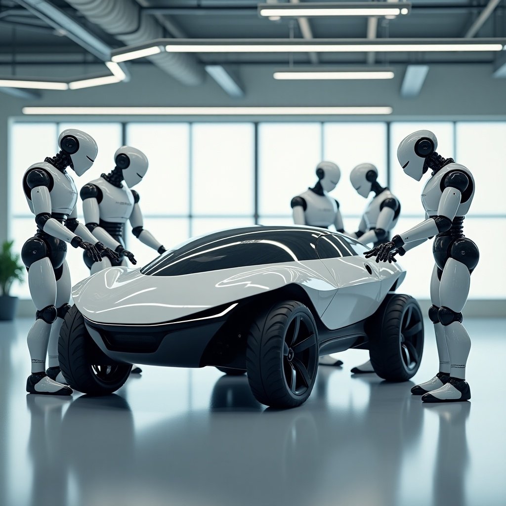 A team of humanoid robots assembled around a futuristic scout drone. The robots are diligent in assembling the vehicle. The drone features a sleek body with advanced design elements. The environment showcases a high-tech and clean facility, emphasizing robotics integration with the automotive industry.