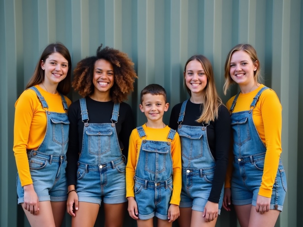 This image features five individuals, four women and one boy, standing against a muted green shipping container. They are wearing denim overall shorts over long-sleeve shirts in yellow and black. Their outfits reflect a trendy, casual style. The group exudes a sense of unity and joy, with smiles on their faces. This setting creates a relaxed atmosphere, perfect for showcasing family or youth fashion. The combination of colors adds vibrancy to the image, making it engaging and appealing.