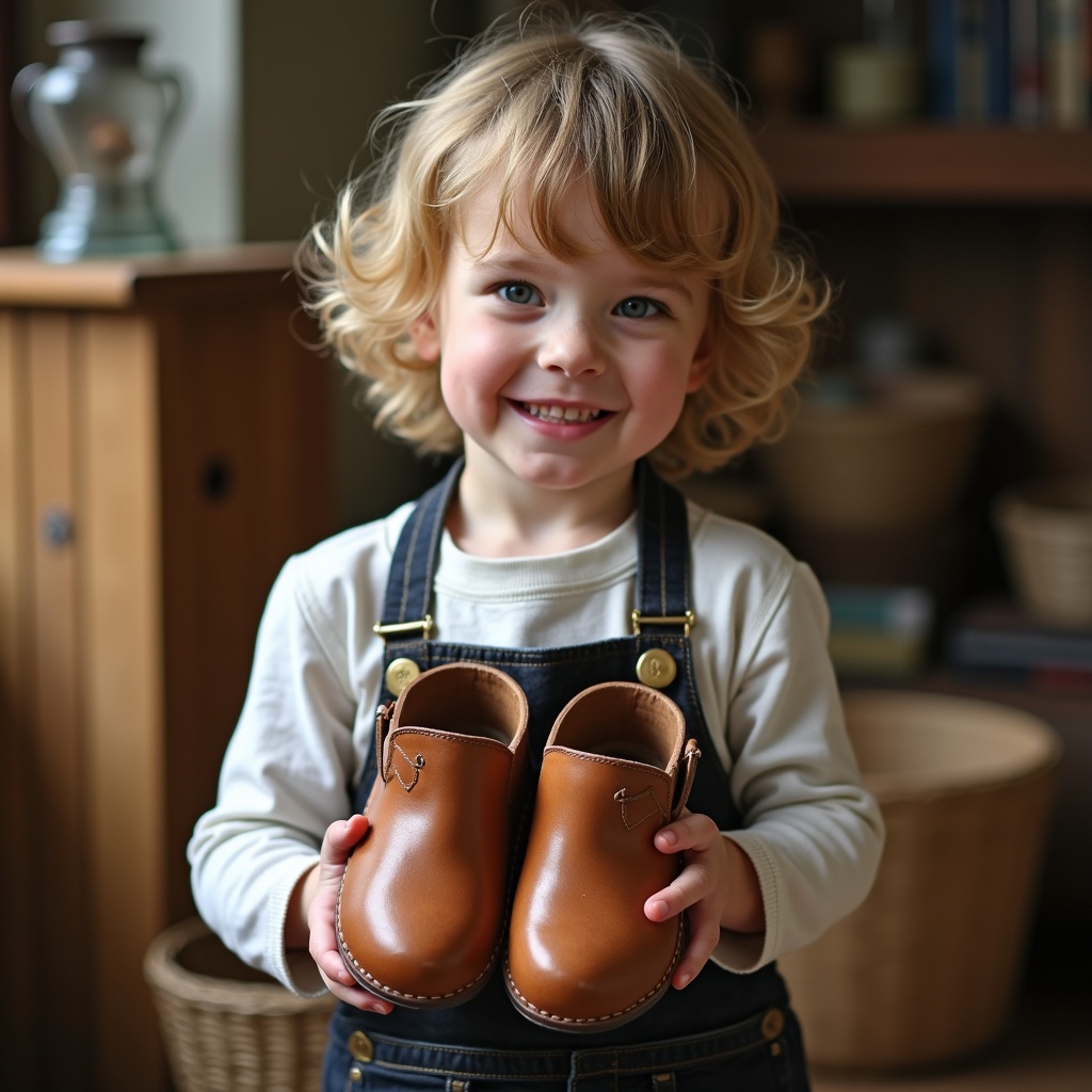 Child holds Dutch clogs in hands. Natural setting with soft lighting. Cheerful atmosphere.