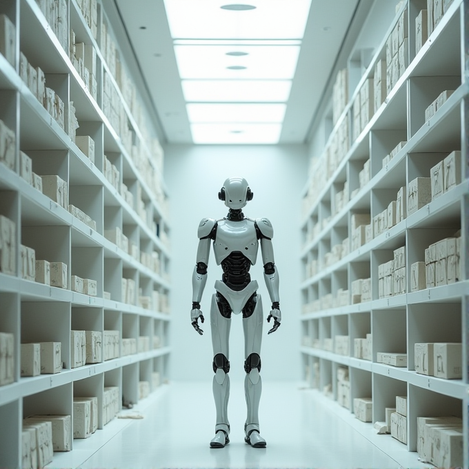 A humanoid robot stands in a well-lit library archive surrounded by shelves filled with neatly organized books or documents.