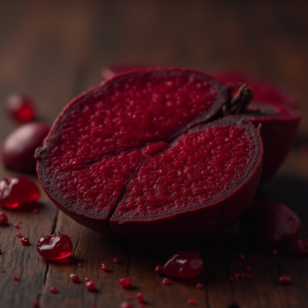 A vibrant red pomegranate is split open, revealing its juicy, glistening seeds on a wooden surface.