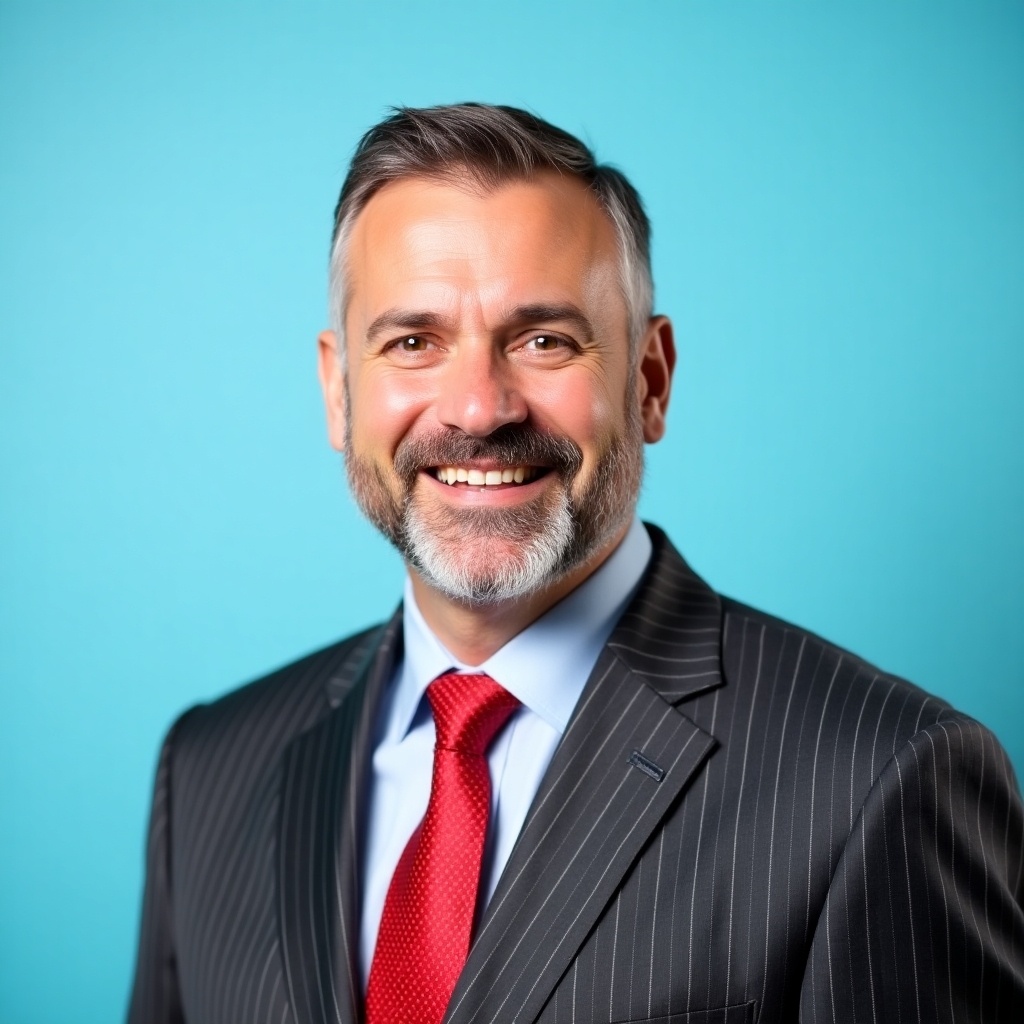 A middle-aged man with a neat beard and short hair is dressed in a dark grey pinstripe suit. He is wearing a bright red tie that stands out against his formal attire. The man is smiling warmly, exuding a professional yet approachable vibe. He is looking directly at the camera, which adds to the friendly appearance. The background is a solid light blue, creating a clean and professional look.