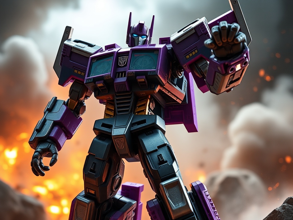 This dramatic image portrays a powerful robot, standing imposingly against a fiery, smoke-filled sky. The robot's dark purple and metallic colors contrast vividly with the orange flames and smoke in the background. Its robust design and clenched fist suggest readiness for battle, evoking a sense of power and urgency.