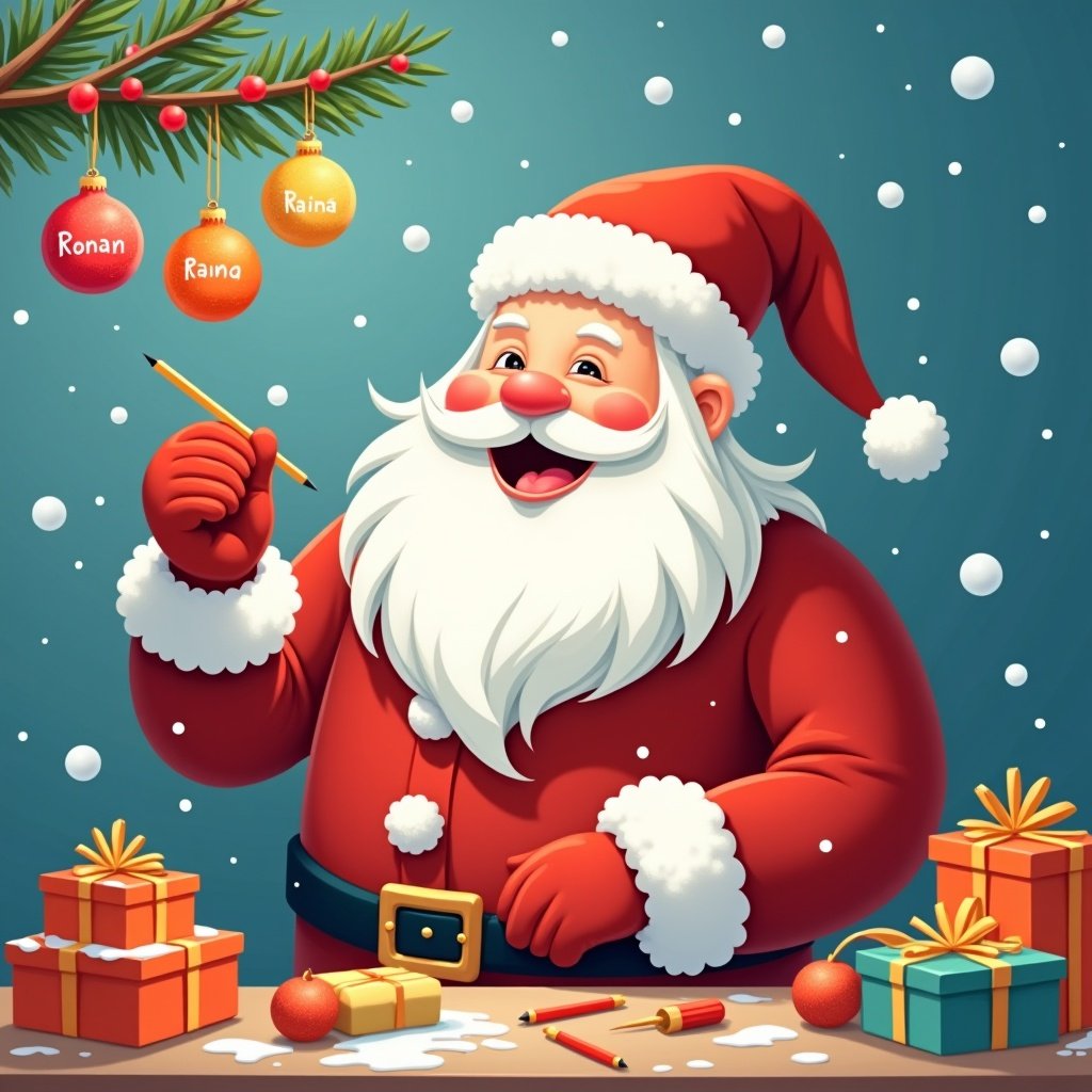 Festive scene with Santa Claus joyfully preparing for Christmas. Santa holds a pencil and looks at colorful ornaments on a branch. Ornaments have names Ronan and Raina. Brightly wrapped presents surround Santa. Soft blue background with gentle snowfall.