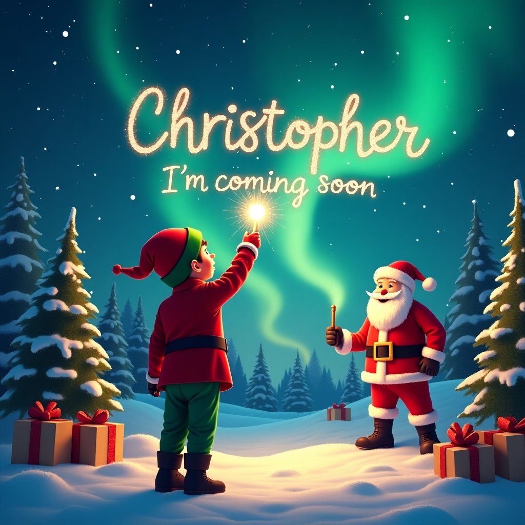 Magical Christmas scene with young boy dressed as elf. Boy gazes at night sky writing in air. Wand creates text saying Christopher I'm coming soon. Enchanting northern lights above snowy landscape. Santa Claus watches boy with warm smile. Festive atmosphere with Christmas trees and gifts.