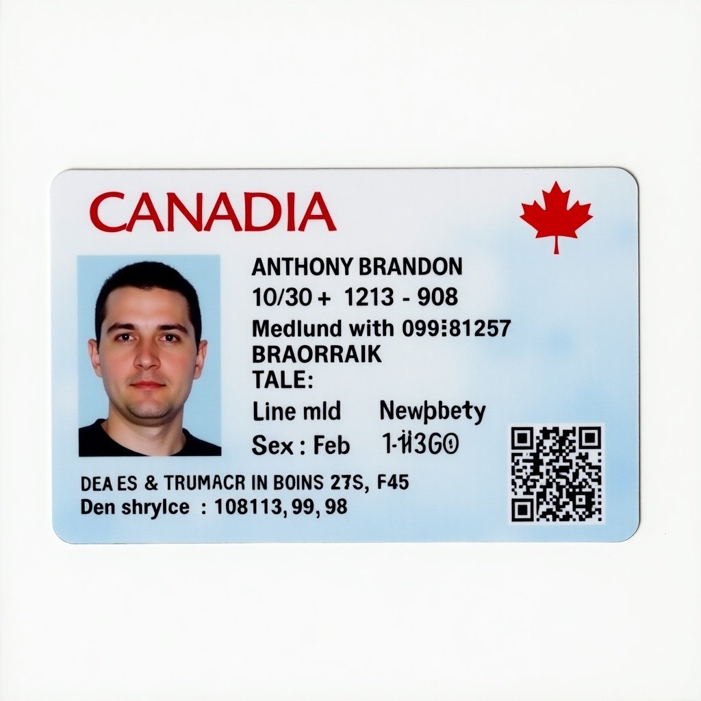 Image of a Canadian driver license card. Includes name Anthony Brandon, sex male, date of birth February 09, 1996. Professional design for identity verification.