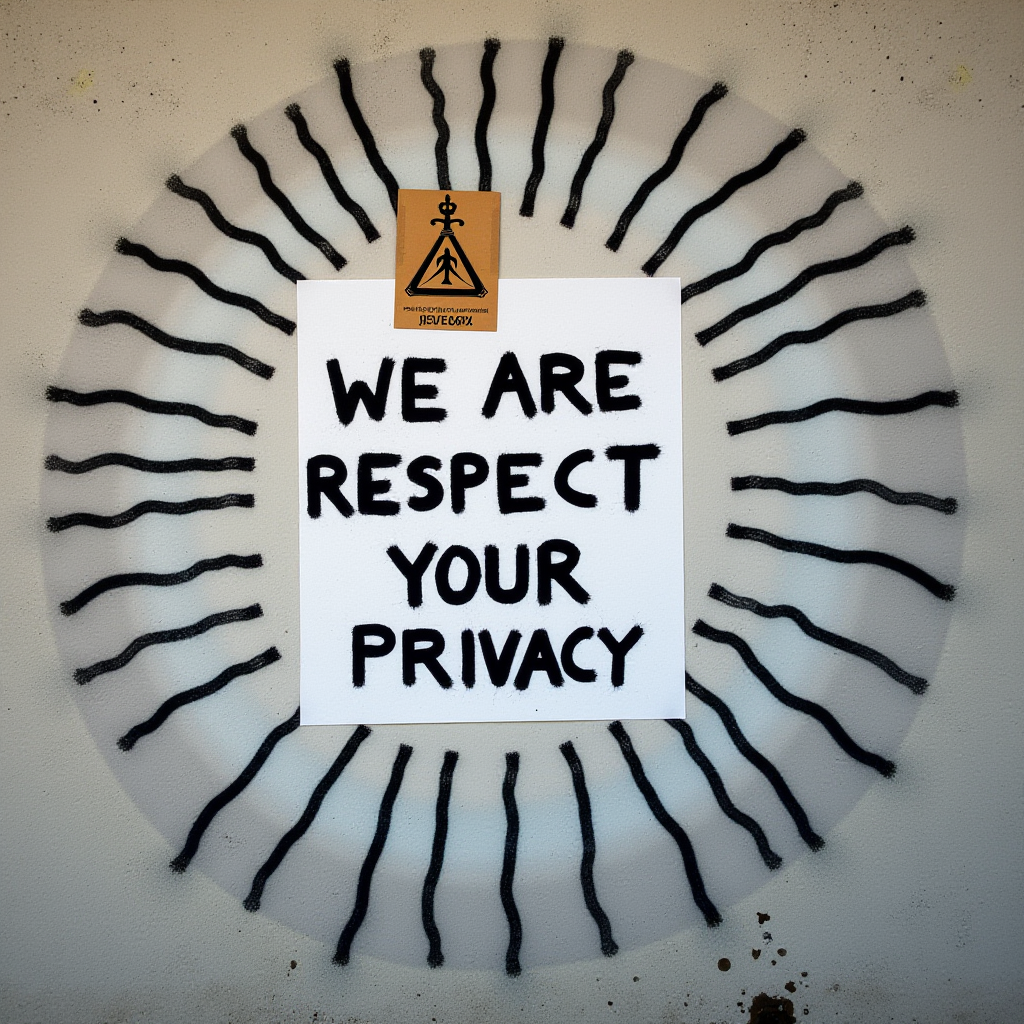 A sign with the words 'WE ARE RESPECT YOUR PRIVACY' is spray-painted in black and white, surrounded by radiating lines on a wall.