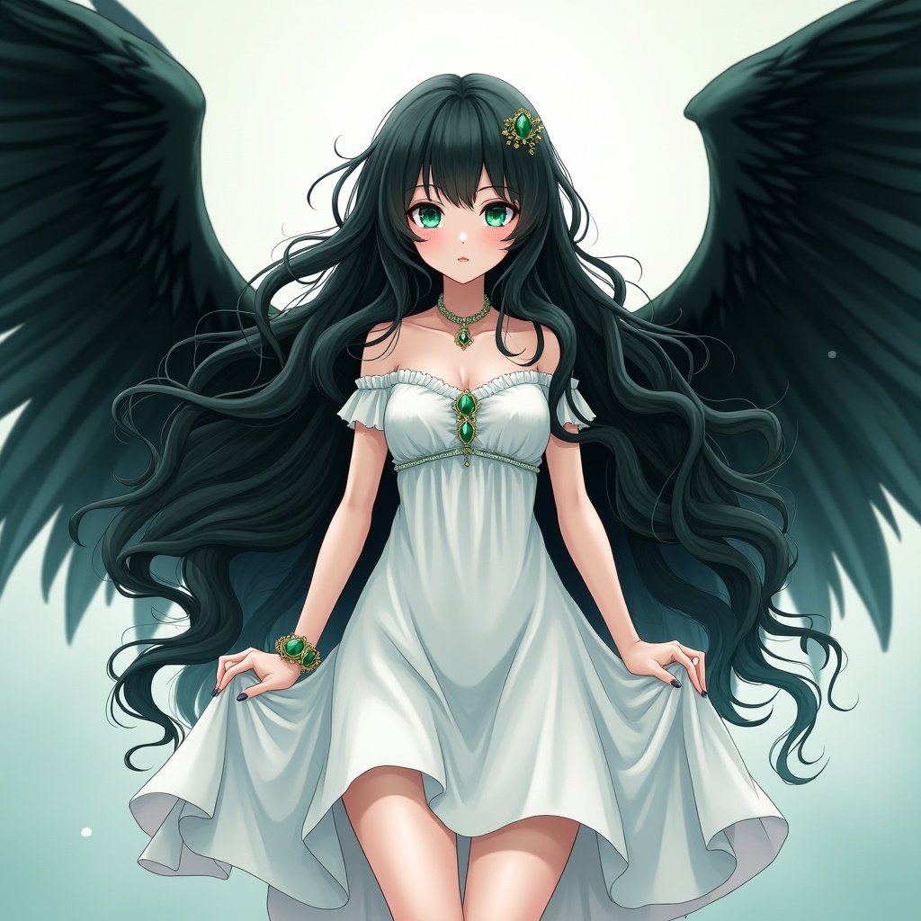 Anime girl with long wavy black hair wears emerald jewelry. She dons a white dress and has large black wings. The setting is ethereal and mystical.