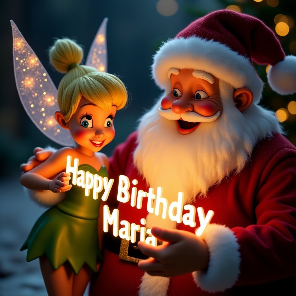 Santa celebrates birthday with Tinker Bell. Tinker Bell holds a glow stick. Glow stick says Happy Birthday Maria. Jolly Santa looks warm and happy. Scene embodies Christmas magic. Bright and colorful atmosphere.