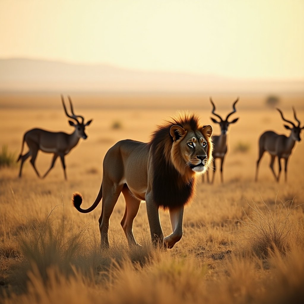 Lion walking through a savannah landscape. Antelope visible in the background. Warm light creates golden tones across the open field.