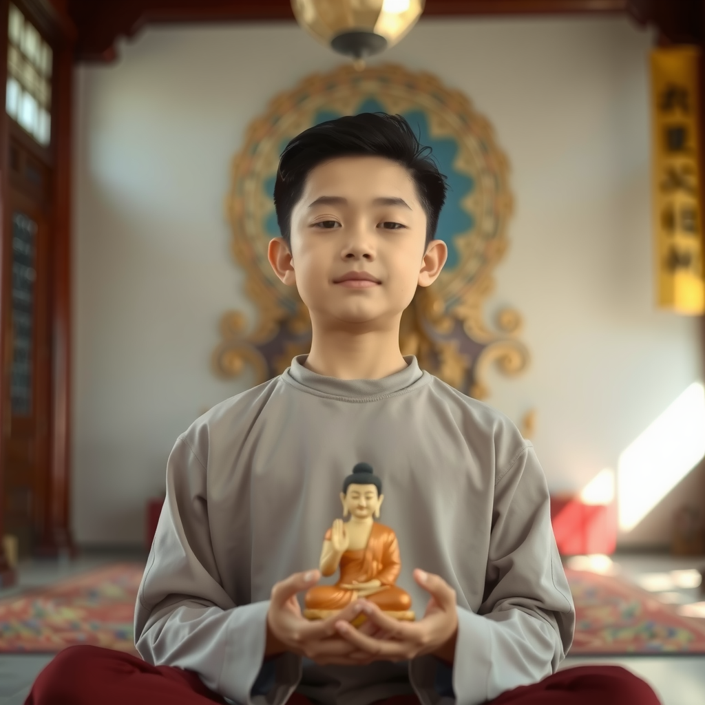 A young boy meditatively holds a small Buddha statue in a peaceful setting.