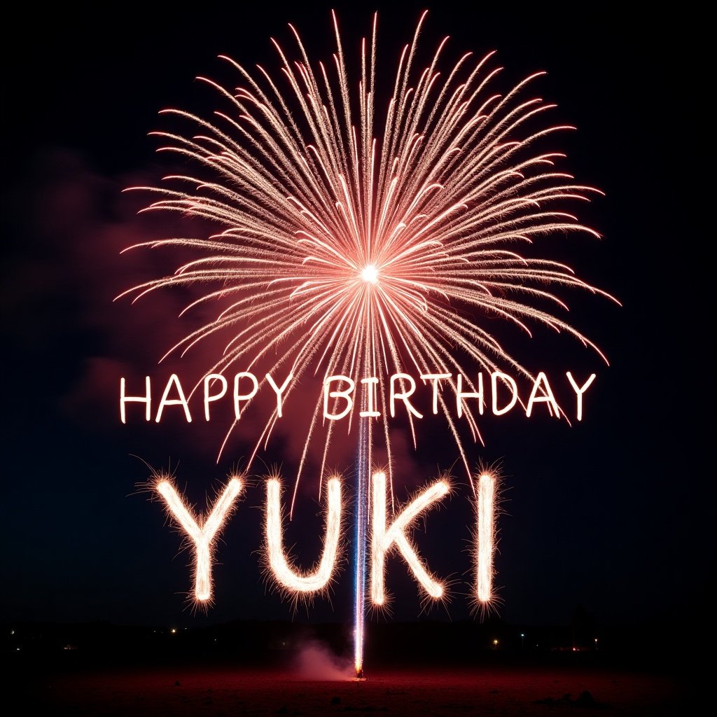 Vibrant firework explodes in the night sky. Stunning display of colors. Text reads 'Happy Birthday YUKI'.