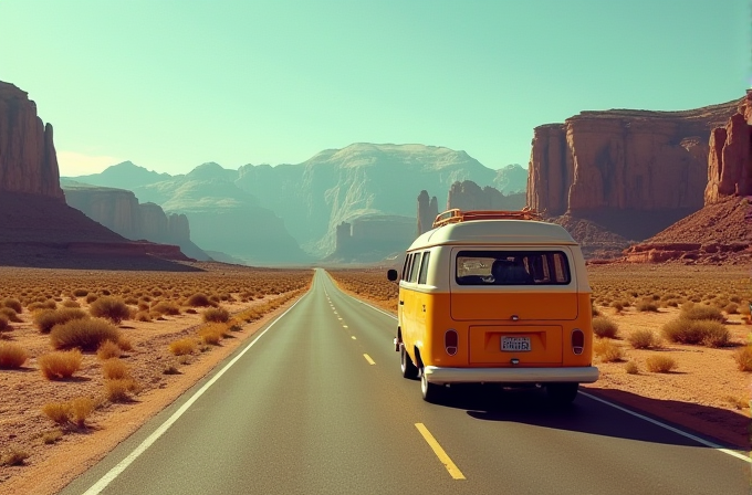 A classic yellow van travels down a seemingly endless desert highway with towering rock formations in the distance.