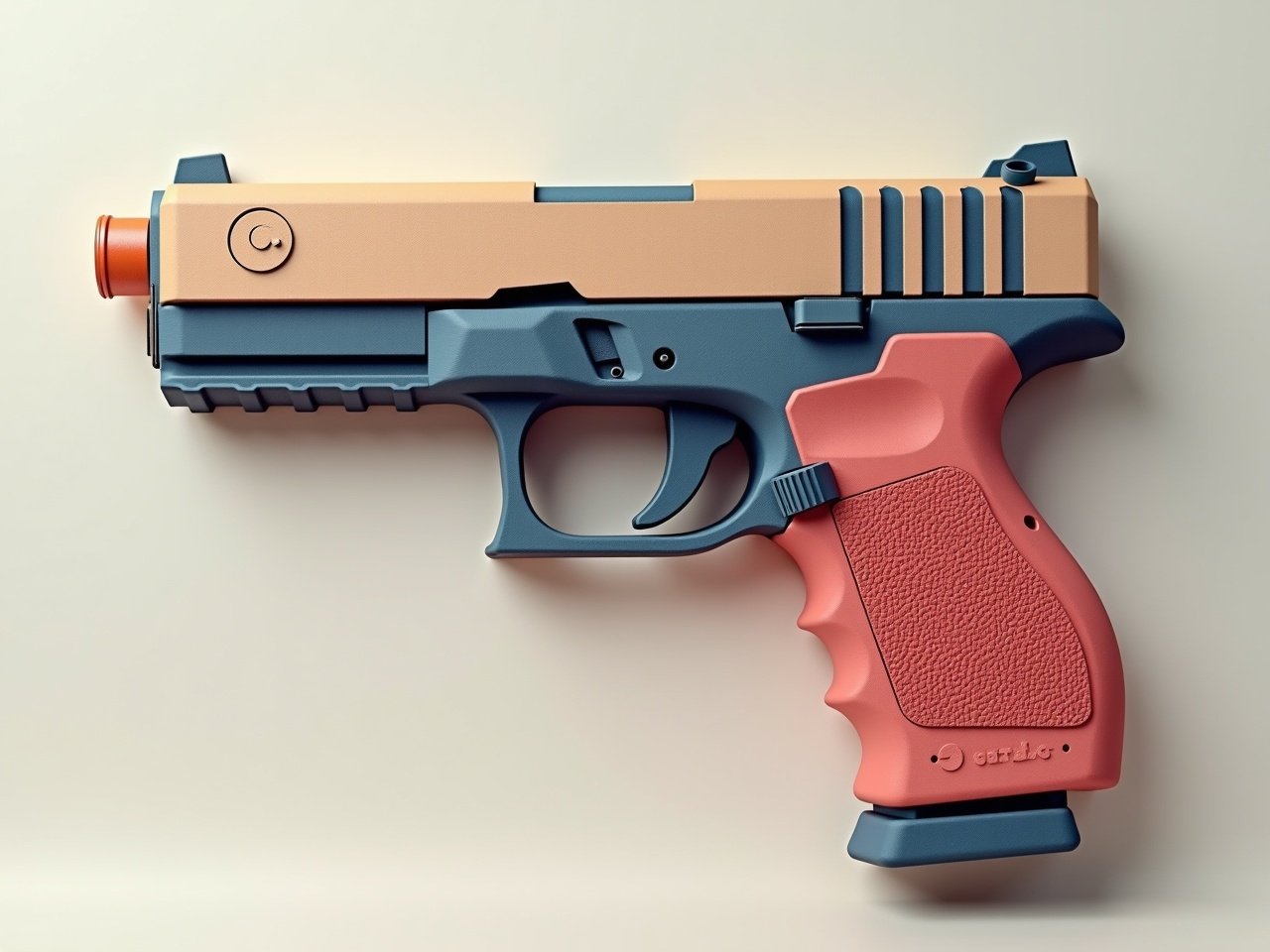 The image features a whimsical, 3D representation of a gun inspired by the Glock model. The design is unique, with a soft, paper-like texture and vibrant colors. The gun showcases a playful mix of light beige on the top, dark blue on the body, and soft red on the grip. This artistic representation focuses on fun rather than realism, making it suitable for children or as a decorative piece. It captures the imagination while promoting safety and creativity in toy design.