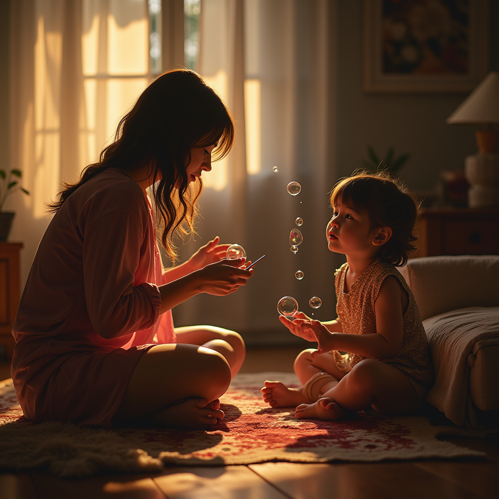 A mother and child share a tender moment playing with bubbles in a warmly lit room.