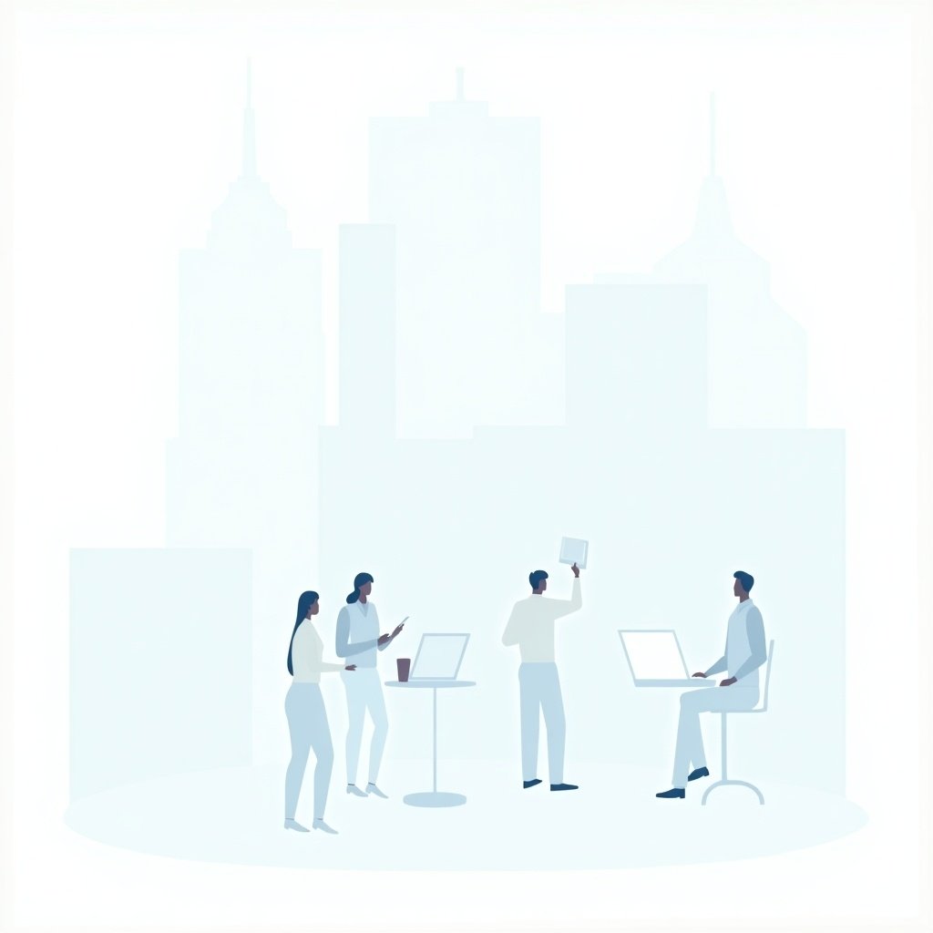 Minimalist vector illustration of a telecom company. Workers as silhouettes interact with technology. Soft pastel shades are present. Scene emphasizes technology and education. Positive atmosphere is created.