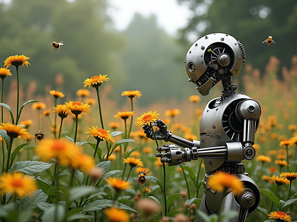 A robot in a field of yellow flowers with bees flying around, exploring the connection between technology and nature.