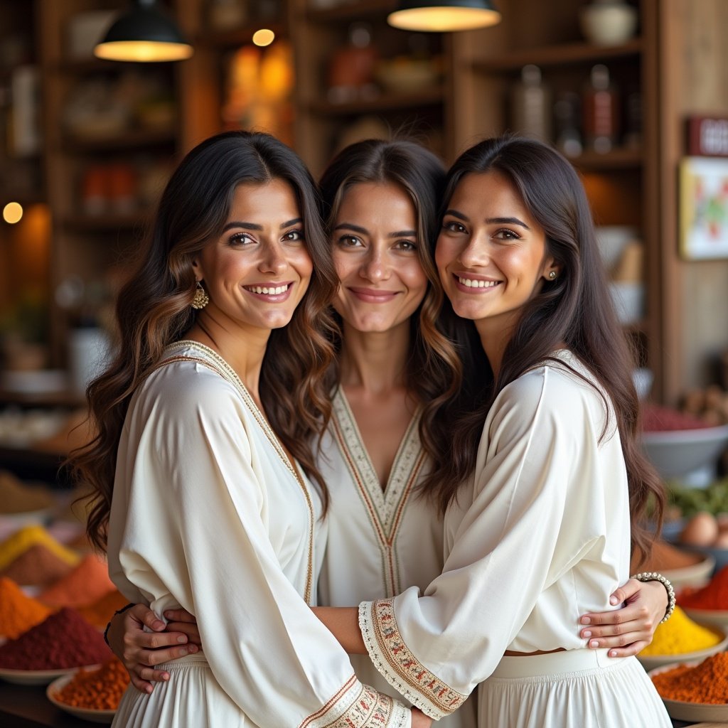 A warm smile and vibrant market setting. Women in traditional attire stand closely together. Colorful spices displayed in the background. Soft warm lighting creates an engaging vibe.