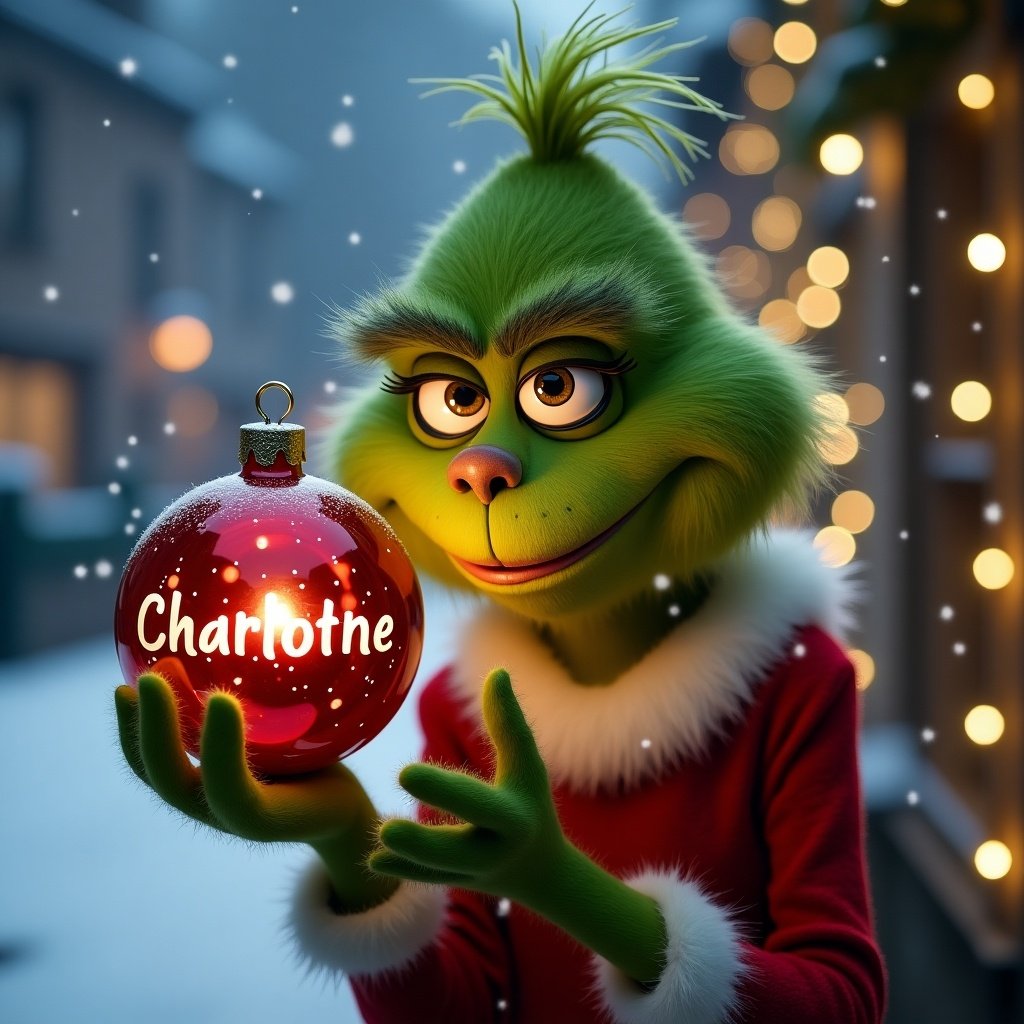 Grinch character holds a Christmas bauble. Name Charlotte is engraved. Snow falls softly in the background with twinkling Christmas lights.