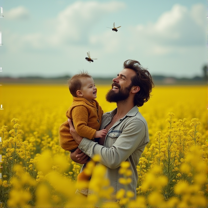 A bearded man holds a laughing child in a yellow flower field, both looking at insects above.