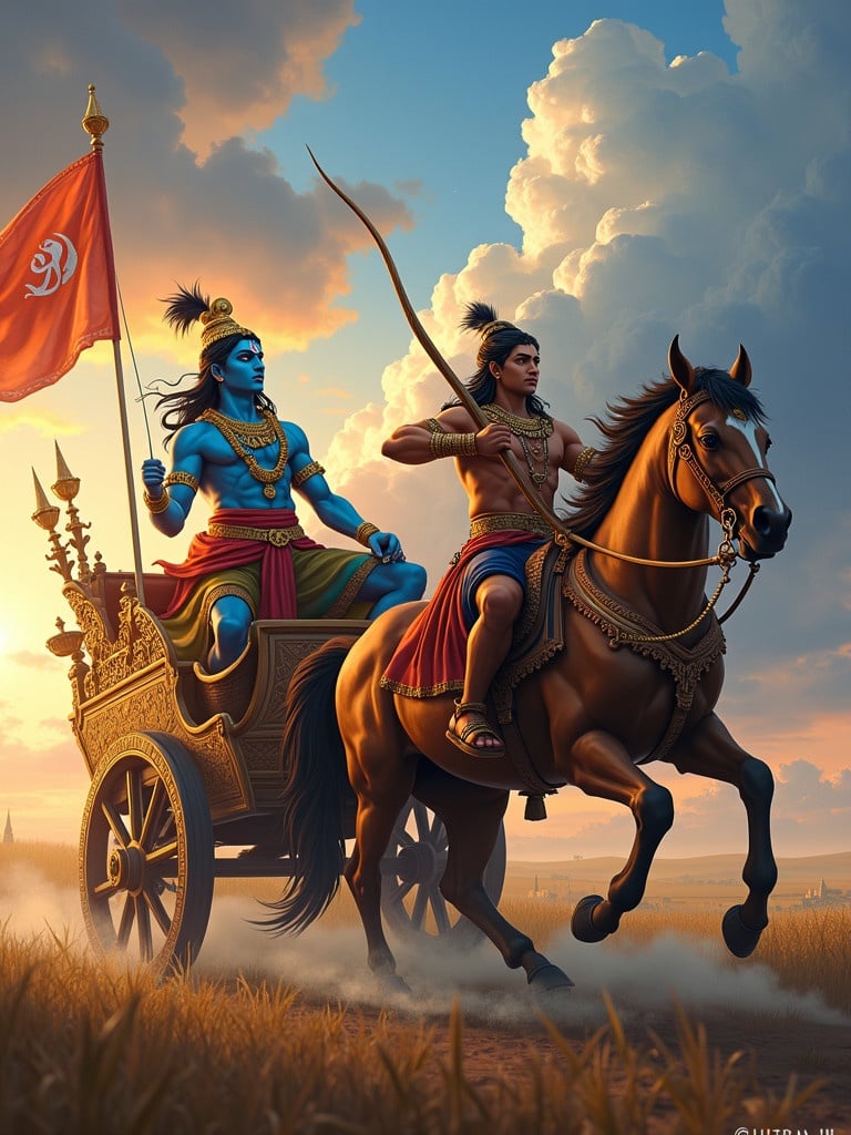 Ultra-HD depiction of Krishna and Arjun on a chariot. Krishna with blue skin holding reins. Arjun aiming with a bow. Chariot adorned with carvings and flags. Background shows a vibrant battlefield under clouds. Rich colors highlight the moment. Written with दु:खेष्वनुद्विग्नमना: सुखेषु विगतस्पृह: वीतरागभयक्रोध: स्थितधीर्मुनिरुच्यते ||